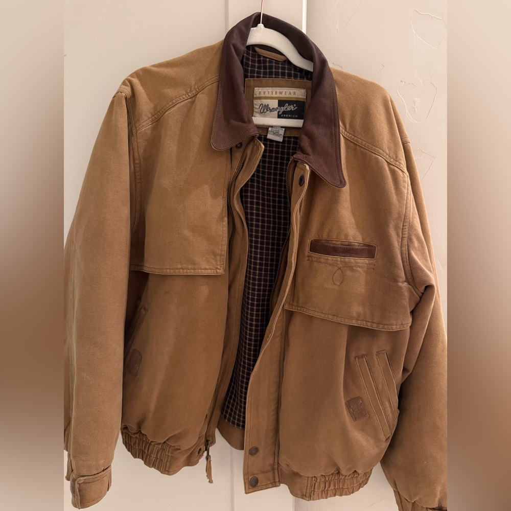 RARE Vintage Wrangler Ranch Jacket Leather Collar Canvas Workwear Coat Medium